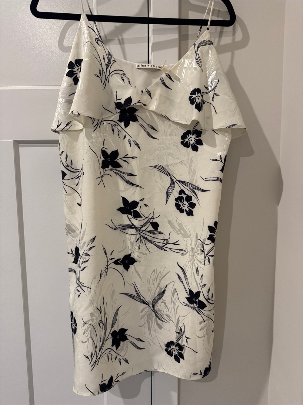 Alice + Olivia Cream Slip Dress with Black Floral Print and Ruffle